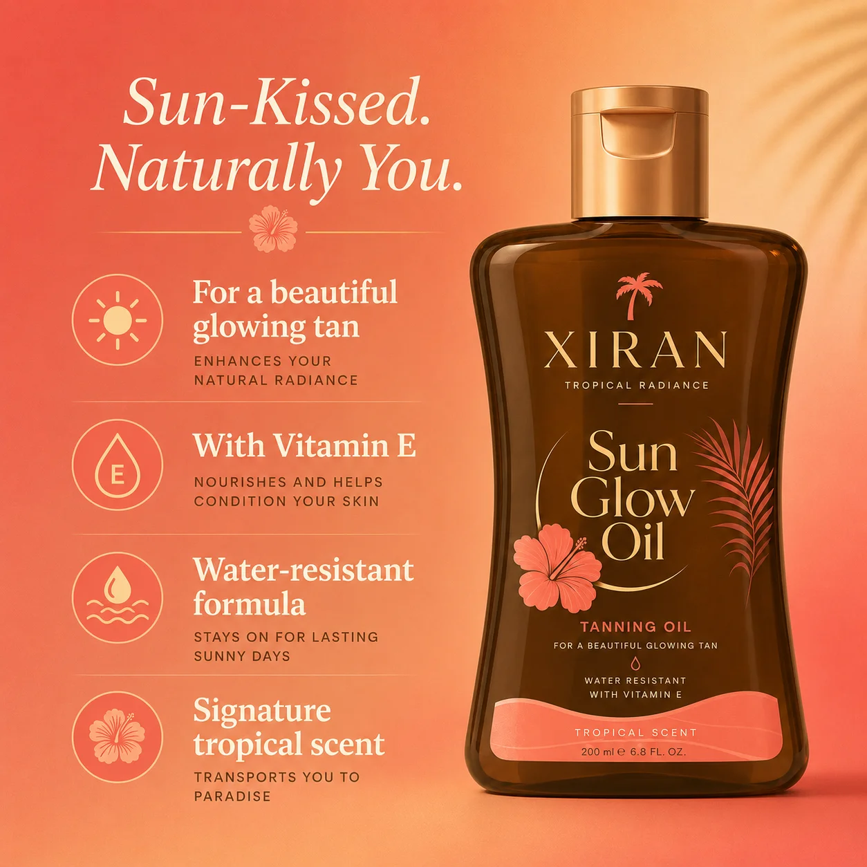 Xiran Sun Glow Oil tanning bottle with tropical design on a gradient background. Features include Vitamin E, water resistance, and radiant glow benefits.